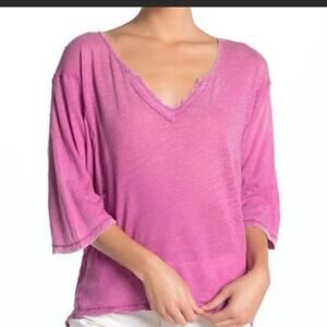 We The Free People Head In The Clouds Electric Bloom Linen Blend V-Neck  Top XS